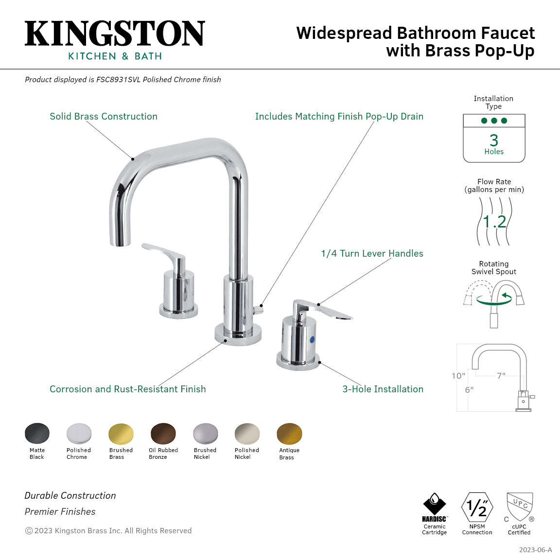 Kingston Tulare FSC8933SVL - Serena Widespread Bathroom Faucet with Brass Pop-Up, Brushed Brass — thumbnail 2